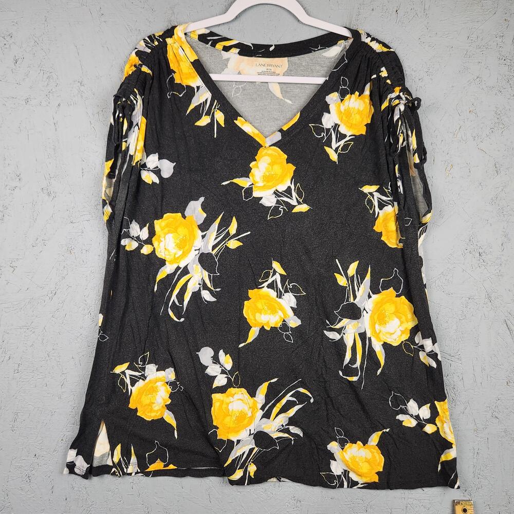 Lane Bryant Shirt Womens 18/20 Black Yellow Floral V Neck Short Sleeve Tunic